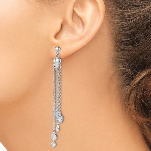 Kazi Luxury Silver RH-plated Polished CZ & Multi-Chain Post Dangle Earrings Jewelry